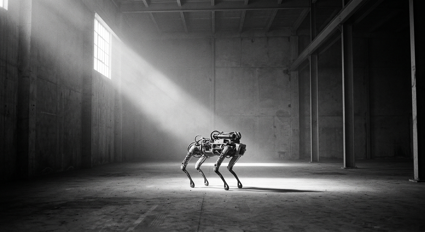 A quadruped robot alone in an empty warehouse, lit by a single shaft of daylight